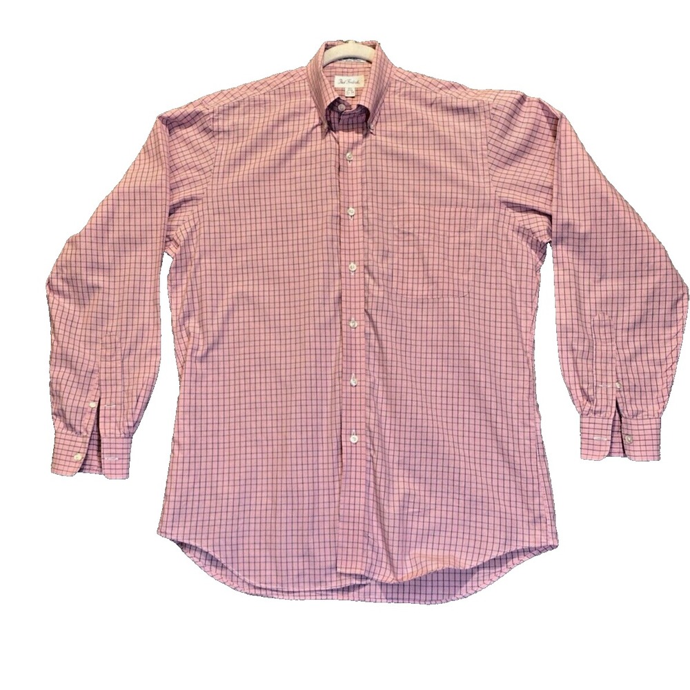 Paul Fredrick Button Down Dress Shirt Size 15.5 -34 Long Sleeve Pink‎ Blue Plaid